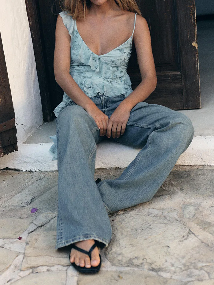 섹시한 민소매 레이어드 장식 프린트 실크 네트 비대칭 탑 여성 신상 여름 출퇴근 스타일 숏 길이 베스트