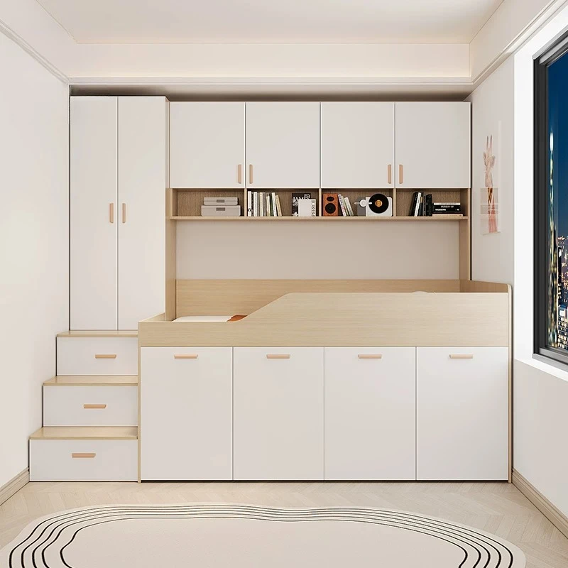 Half-height bed pull-out cabinet, desk integrated storage wardrobe, bed children's room tatami high box stepping bed