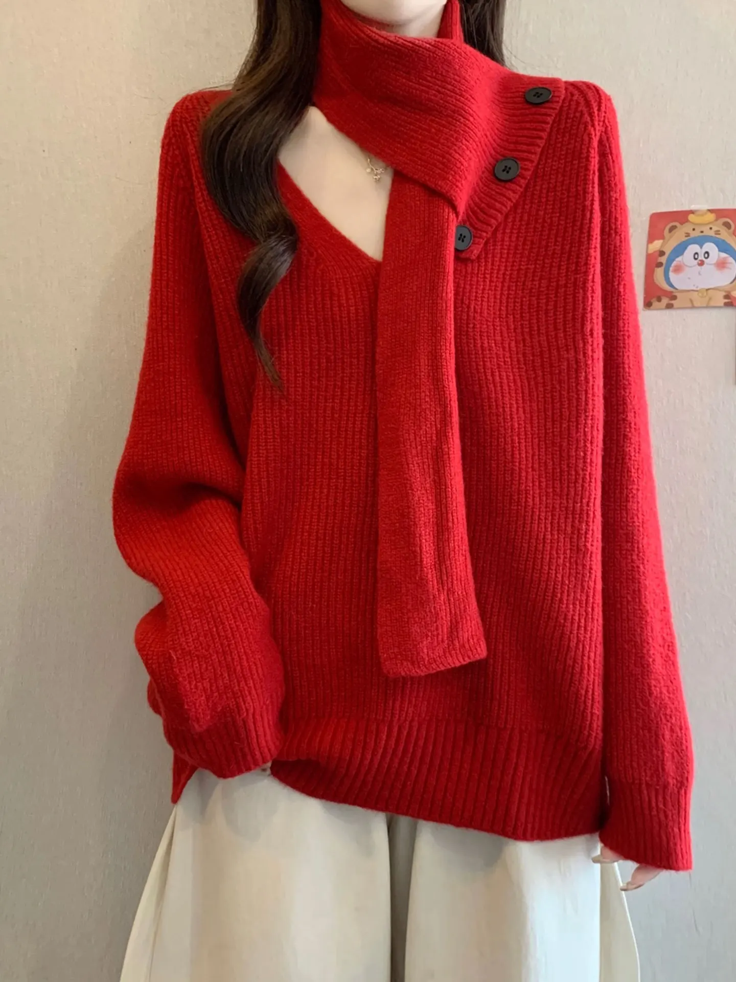 

Женский вязаный свитер Ele Red Long Sve: свободный крой, стройнящий эффект, весенняя мода, большие размеры, удобный, с V-образным вырезом