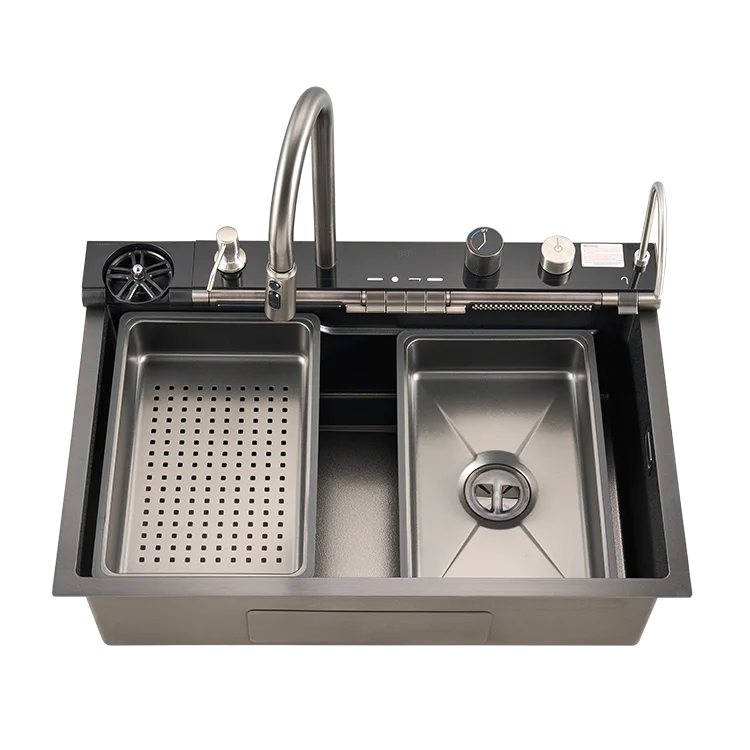 Sink,304 Stainless Steel Kitchen Faucets With Piano Keys Control Digital Temperature Display And Flying Rainfall Sink Rack