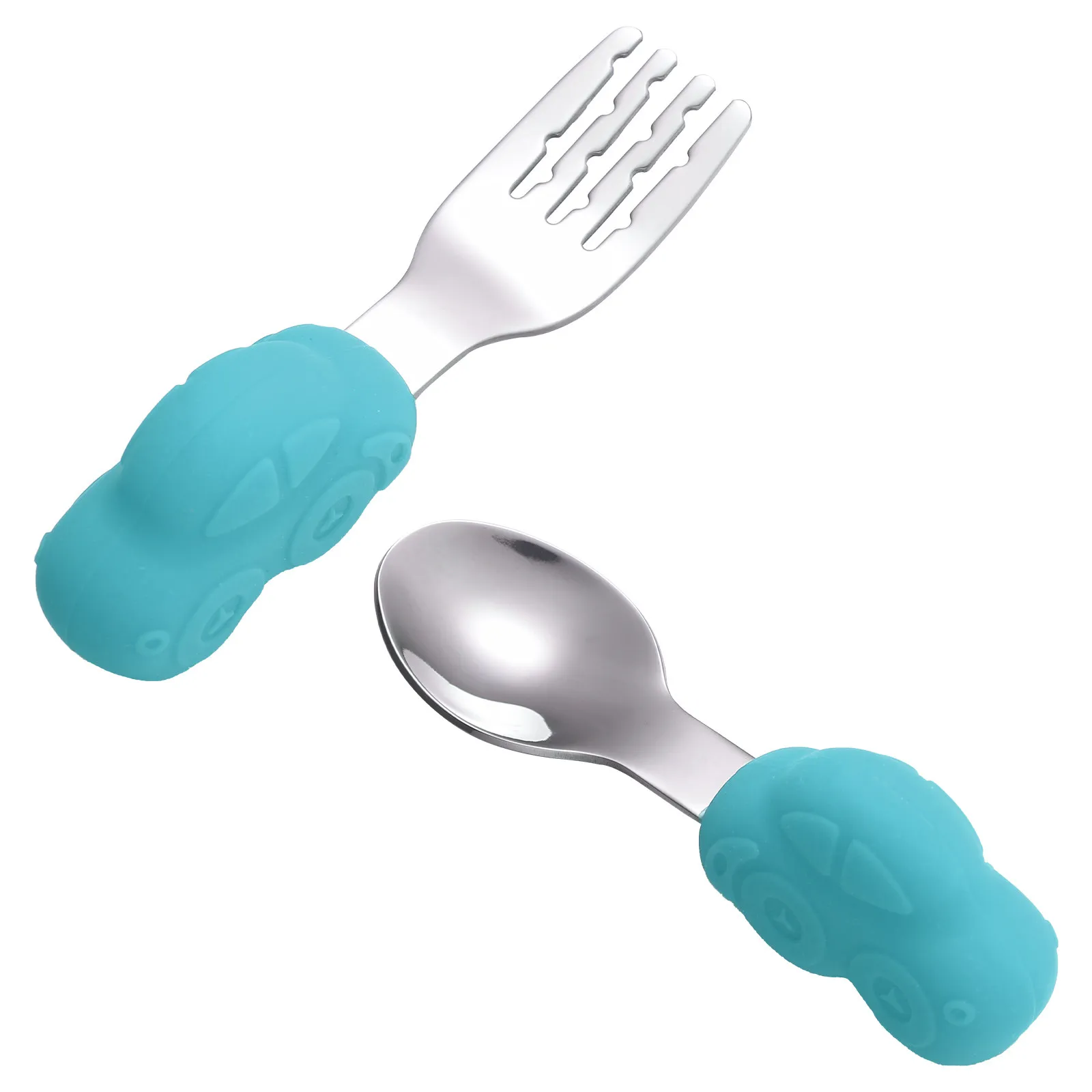 

1Pair Children Silicone Fork Spoon Training Tableware Stainless Steel Short Handle Baby Feeding Utensils Toddler Self-Feeding