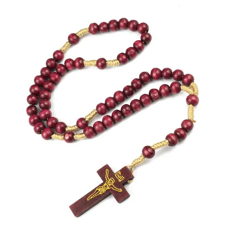 Religious Wood Cross Bracelet Retro Style Wooden Prayer Beads Adjustable Wrist Jewelry for Men Women Travel Prayer Use