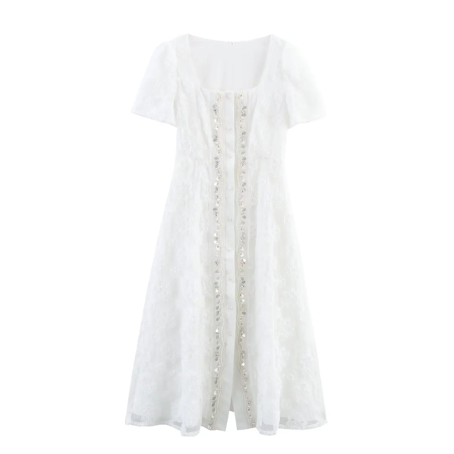 

Heavy Beaded Pearl Three-dimensional Flower White Dress Elegant Square Neck Short Sleeve Summer Dresses Embroidered Lace Dress