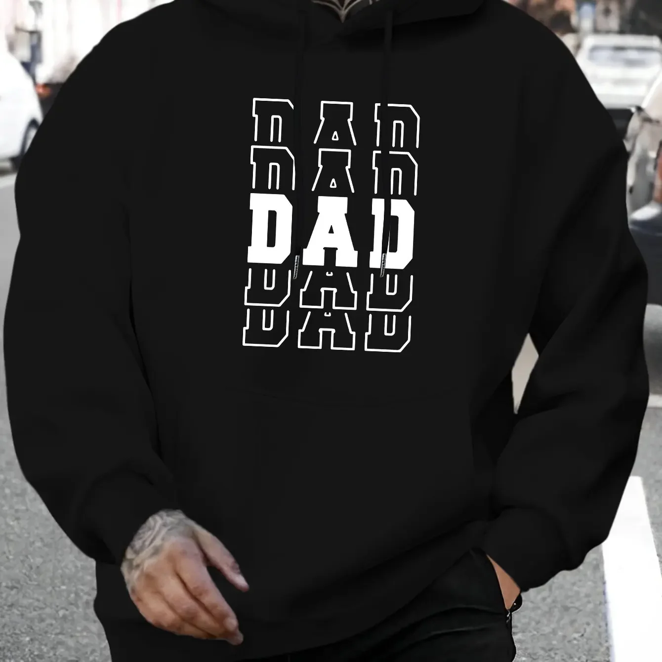 Classic Black Stacked Bold DAD Letter Print Hoodie For Men Oversized Drawstring Father's Day Daily Streetwear Pullover