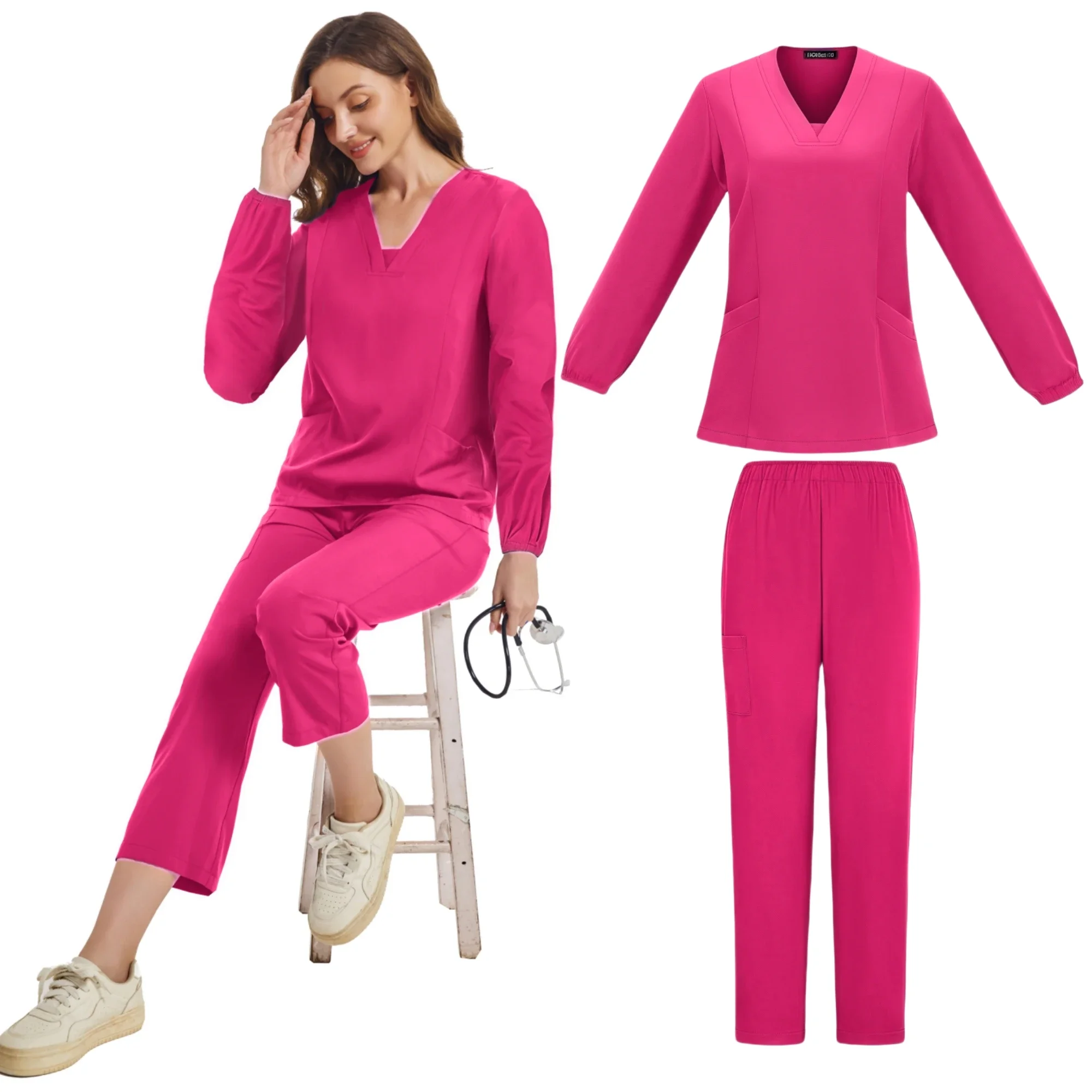 Uniformes quirúrgicos para mujer, traje de enfermería de manga larga, bata médica, Top de Hospital con cuello en V, médico, enfermería, conjuntos largos para correr