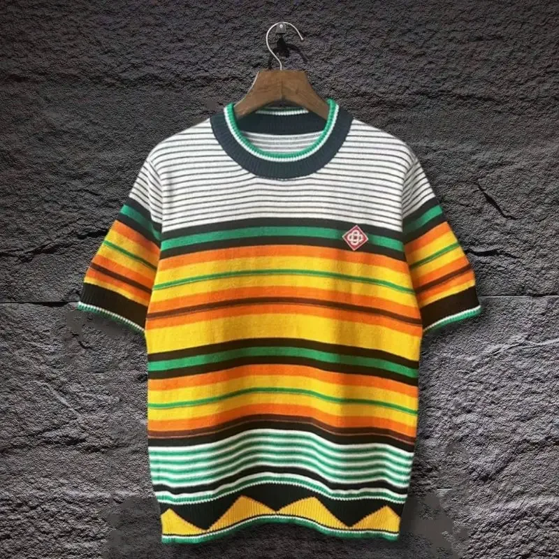 25ss Summer Rainbow Striped Print Round Neck Knitted Short Sleeve Shirts Men Women Fashion Street 2XL Tshirts Sweater with Tags