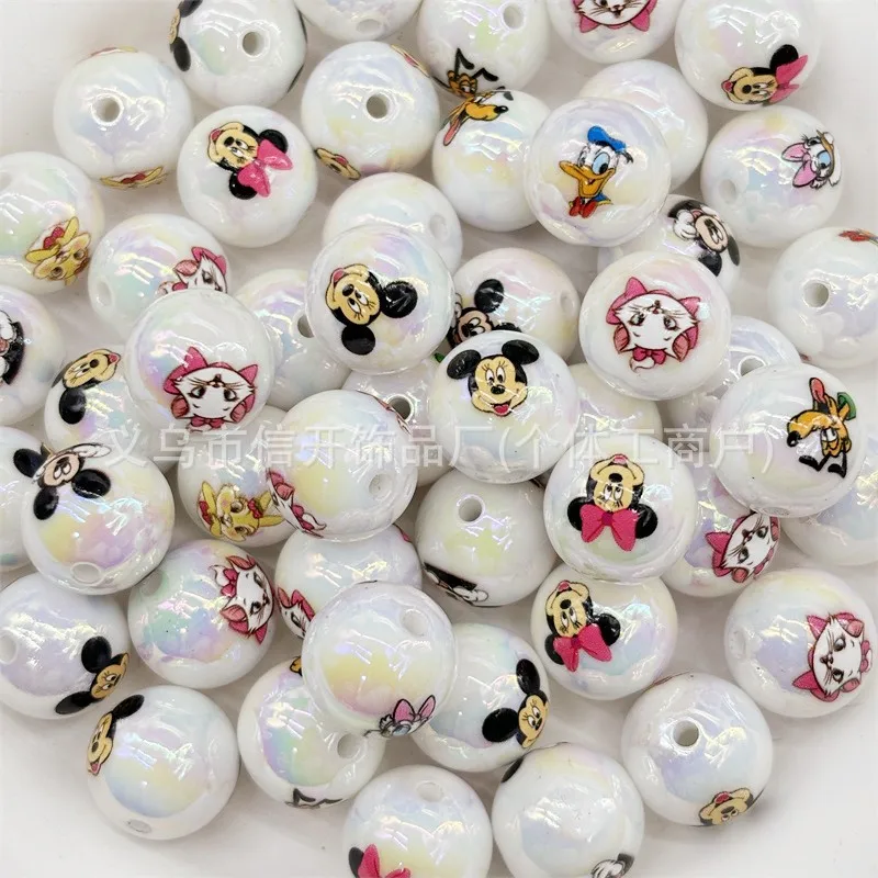 16mm Acrylic Through Hole Mickey and Minnie Series Printing Cute Cartoon Beaded Mobile Phone Chain Diy Handmade Materials