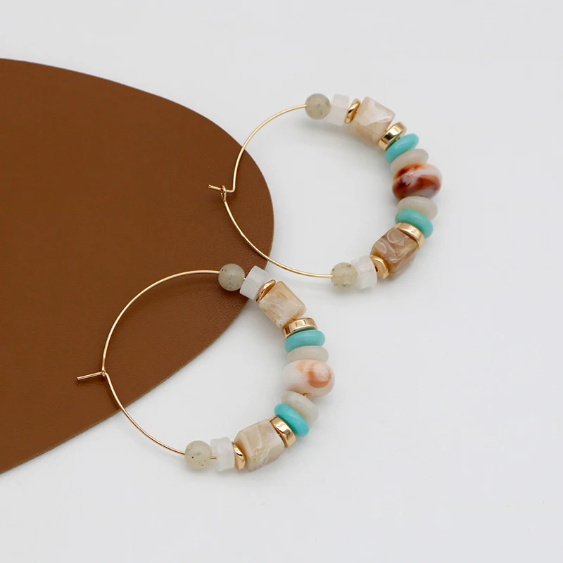 Bohemia Hoop Earrings For Women Multi Colors Green Brown Resin Acrylic Beads Big Copper Circle Studs Fashion Jewelry Girl C1063