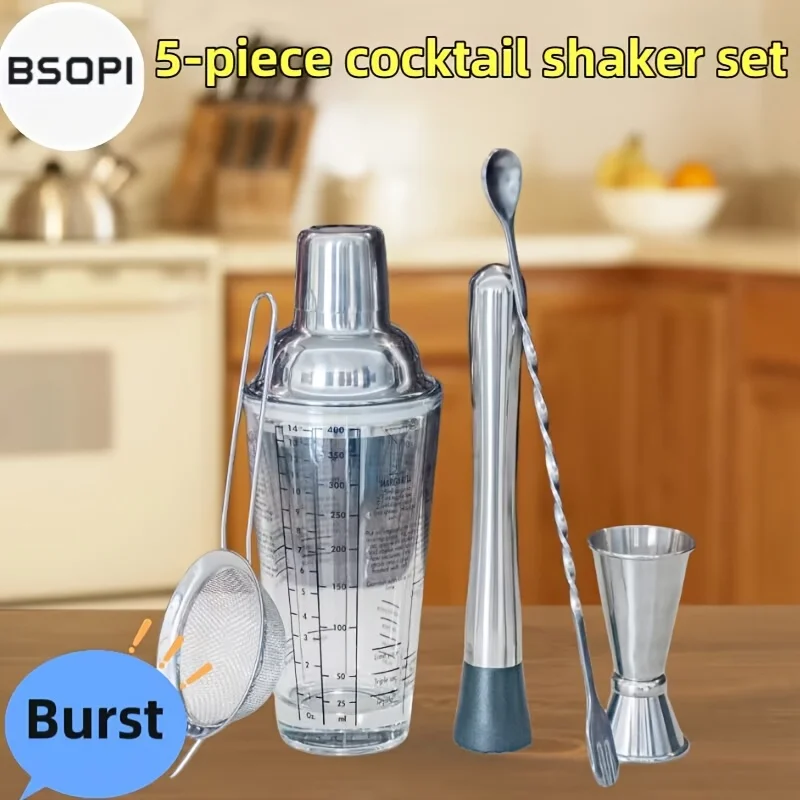 

Коктейльный шейкер из нержавеющей стали, набор из 5 предметов, набор инструментов для смешивания стеклянных коктейлей емкостью 400 мл, домашний коктейль, сок и другие наборы