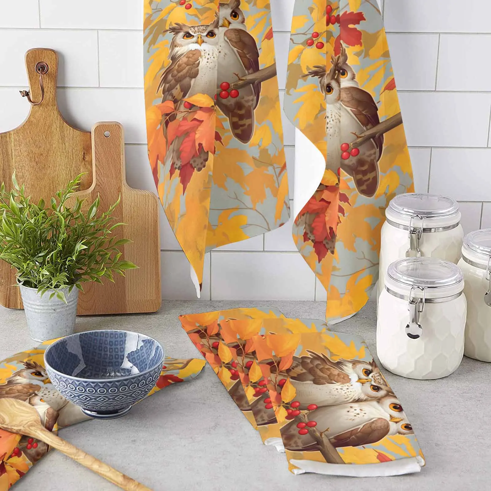 Autumn Yellow Maple Leaves Two Owls Branches Towel Set Cleaning Cloth Kitchen Accessories Dish Washing Cloth Household