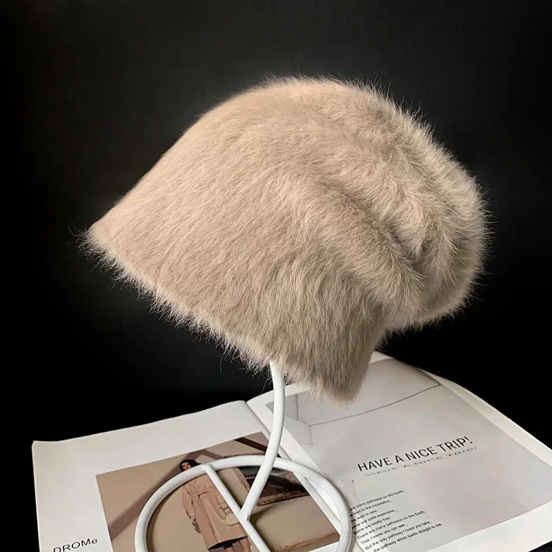 2024New Farben Weiche Kaninchen Fell Mützen Winter Hut für Frau Luxus Flauschigen Gestrickte Hut Motorhaube Dame Herbst Winter Warme Skullies kappe – Detail 3