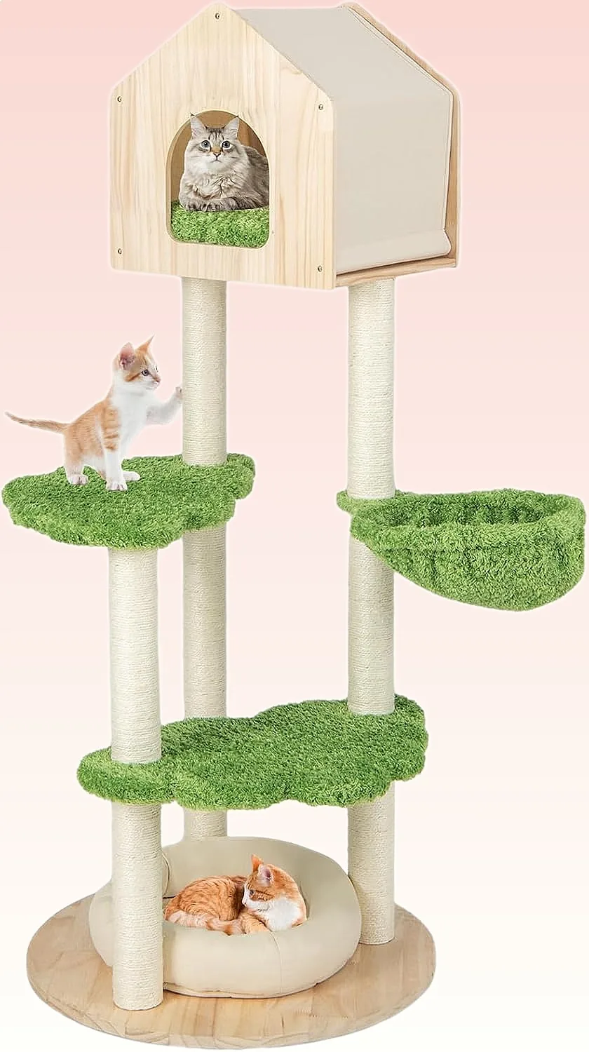 PETSITE 55-Inch Wood Cat Tree, Multi-Level Modern Cat Tower with Scratching Posts, Condo & Hammock
