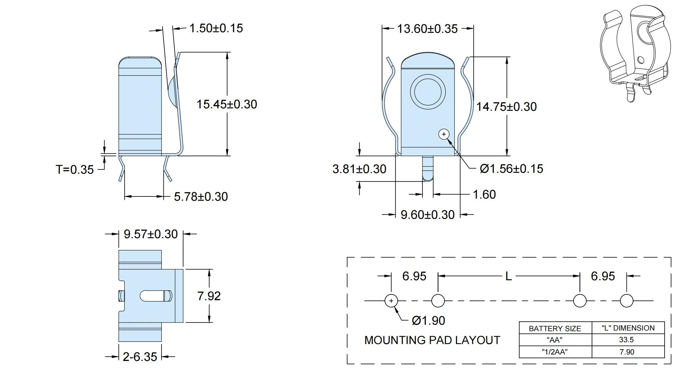 100 sztuk/partia PCB przez otwór AA, CR2 kontakt z uchwytem baterii 14250,14500 9209