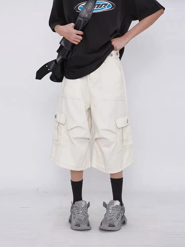 REDDACHiC White Cargo Jeans Jorts Women Retro Casual Summer Solid Wide Leg Low Waist Bermuda Pants Boyfriend Hip Hop Streetwear