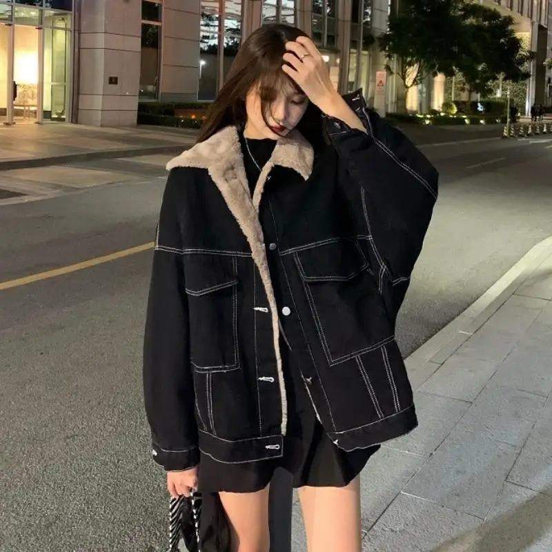 Lamb Wool Lapel Denim Autumn And Winter, Loose Korean Casual Workwear, Cotton Jacket For Women, Ins With Thickened Fleece