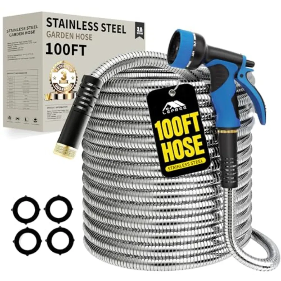 

100Feet Metal Garden Hose - Heavy Duty 304 Stainless Steel Flexible Water Hose No Kinks Leak-Proof with Upgraded Handle 10-Func