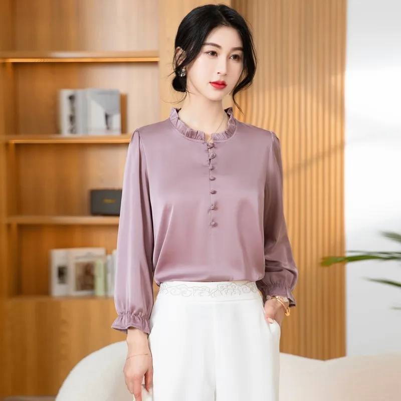 Women\'s High Quality Silk Ruffled Elegant Blouse Korean Fashion Solid Slim Office Lady Casual Shirt Long Sleeve Chic Tops Blusas