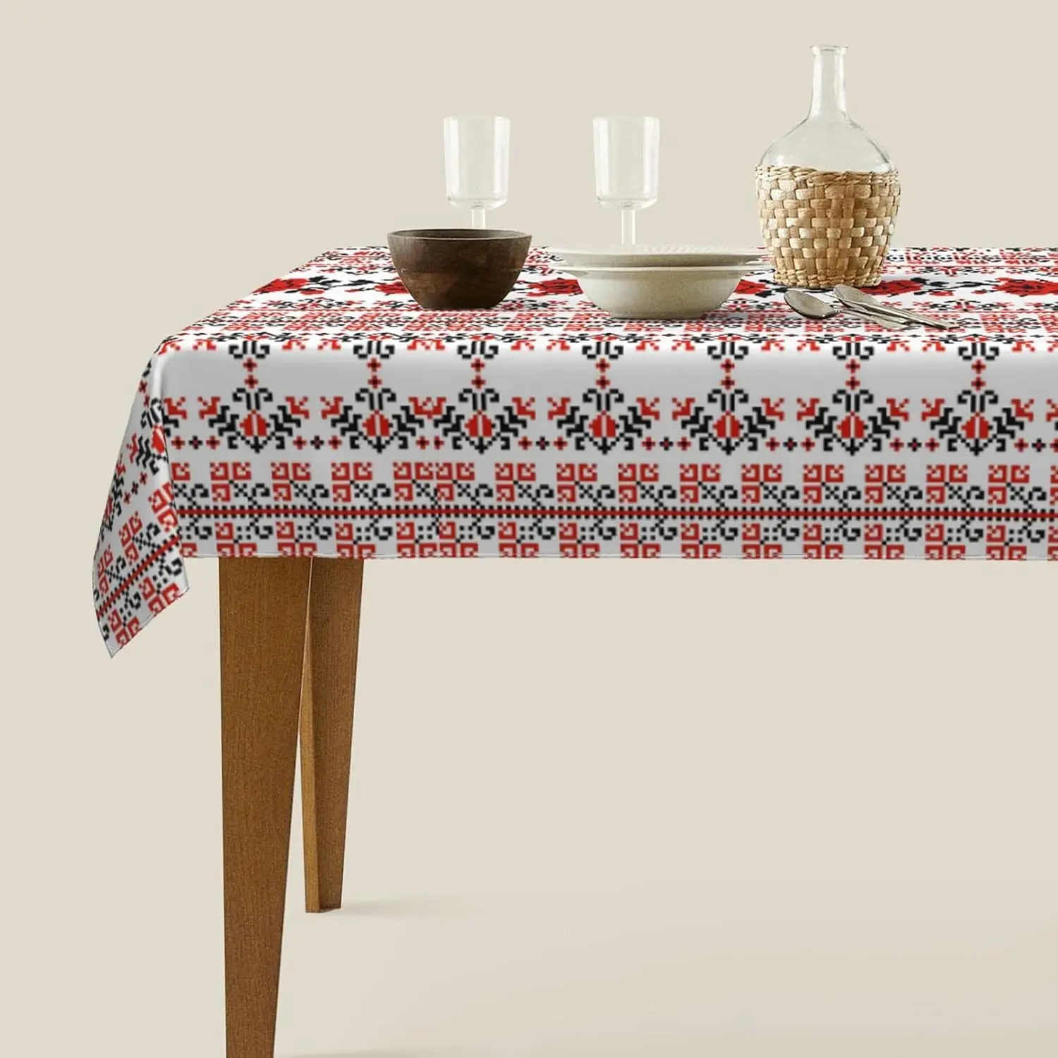 Ukrainian embroidery style rectangular table with rose tablecloth, oil and splash resistant, easy to clean tablecloth