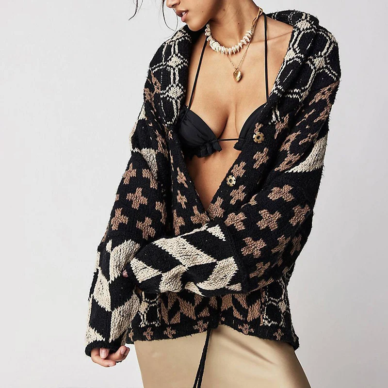 2024 Autumn Winter Lapel Women\'s Knitted Cardigan Retro Pattern Printed Long Sleeve Sweater Casual Loose Soft Warm Sweater Coat