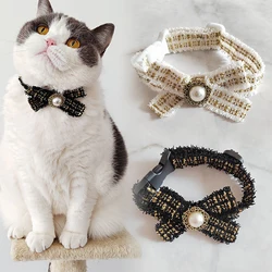 Tweed Pet Necklace French Bulldog Pearl Decorate Bow Knot Cat Neck Collar Elegant All Season Adjust Accessories for Small Dogs