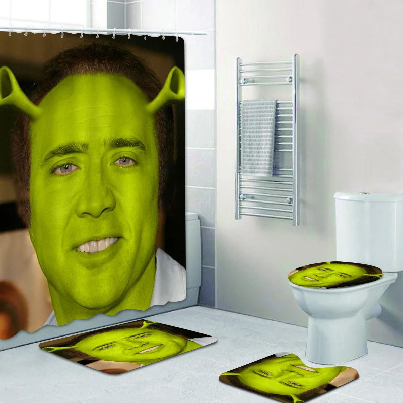 Novelty Nicolas Cage as Shreck Bathroom Shower Curtain Set for Toilet Nicolas Cage Bathroom Curtains Mats Rugs Home Decor Gift