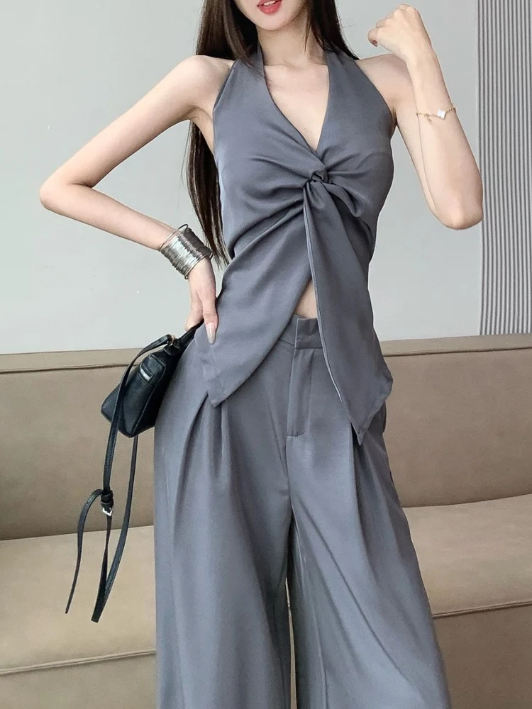 

High-end V-neck hanging neck sleeveless vest set women's summer high waisted wide leg pants casual trendy two-piece set