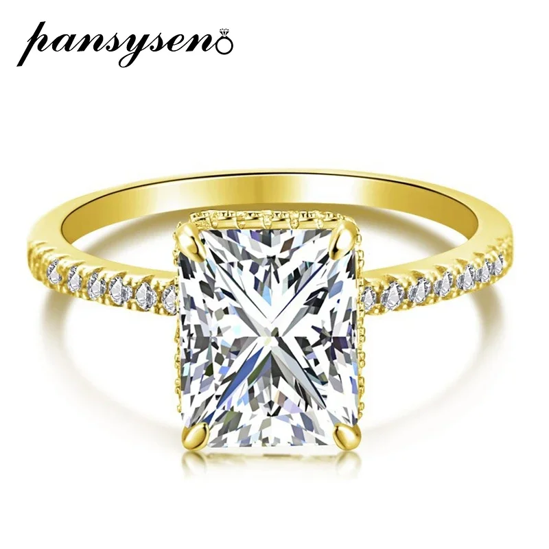 PANSYSEN 100% 925 Sterling Silver 4CT Radiant Cut High Carbon Diamond Wedding Engagement Ring 18K Gold Plated Fine Jewelry Gifts