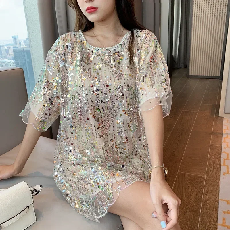 

Ins Hot Women Long Sequined T-shirts Lady Bling Bling Shiny Tees Femme Embroidery T-shirts Women bead work Tops