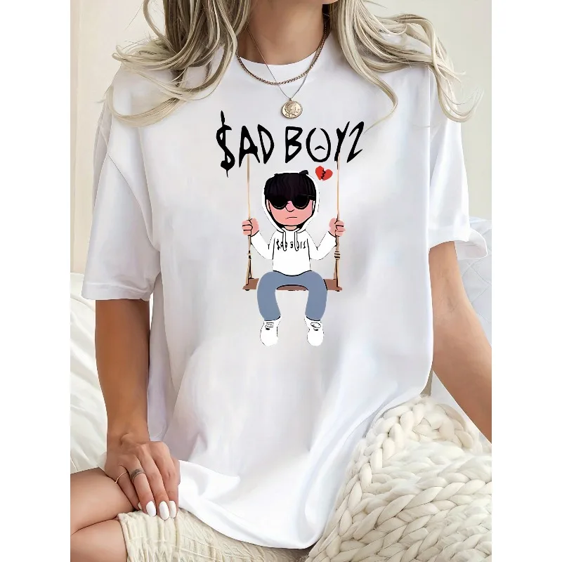 

Ladies' Casual T-shirt with Sad Pattern Print Featuring Swinging Figures and Heart-shaped Design, Black Round Neck Women T-shirt