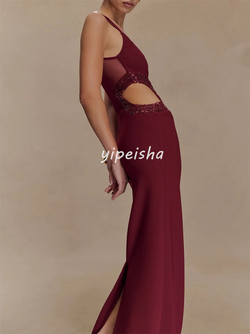 Op maat gemaakte bijpassende sexy jersey plooi kralen lovertjes rechte ronde hals lange jurken op maat gemaakte gelegenheidsjurken klassiek retro