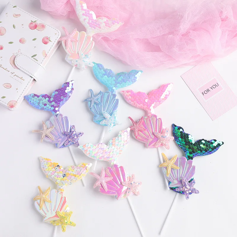 

Ins Colorful Sequins Shell Mermaid Tail Insert Ocean Collection Baby Happy Birthday Party Dessert Cake Topper Baking Supplies