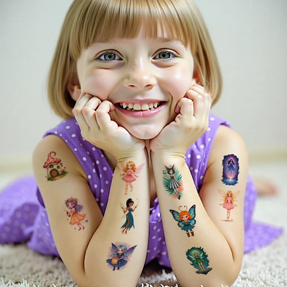 63 قطعة من ملصقات الوشم المؤقت الجنية، ملصقات منزلية كرتونية، ملصقات وشم مؤقتة للفتيات والبالغين