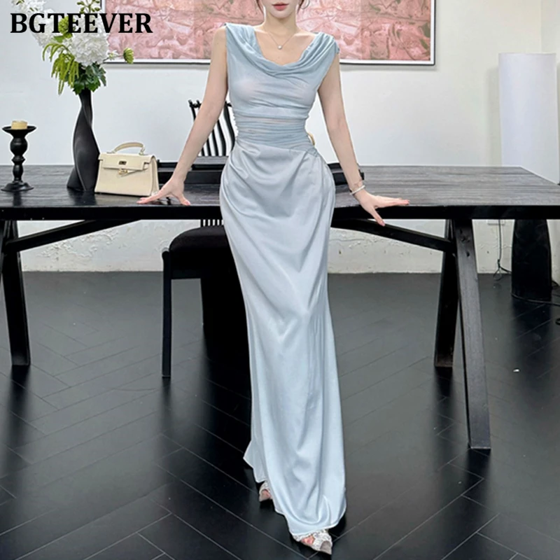 BGTEEVER スタイリッシュでシックなレディーススラッシュネックレースアップスキニードレスエレガントな夏スリムウエスト女性ノースリーブパッケージヒップサテンドレス