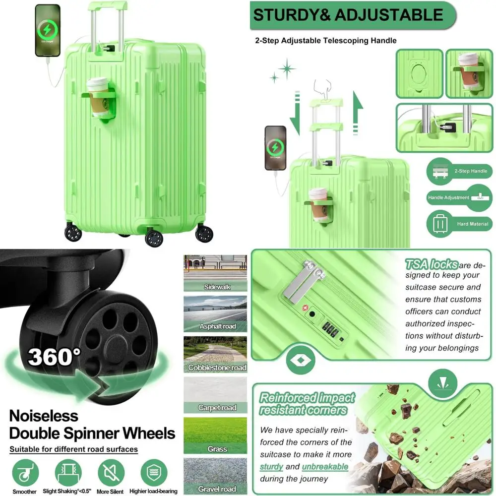 

"double wheel spinner suitcase with usb port, cup holder, tsa lock, pc+abs hardshell, 28 inch"