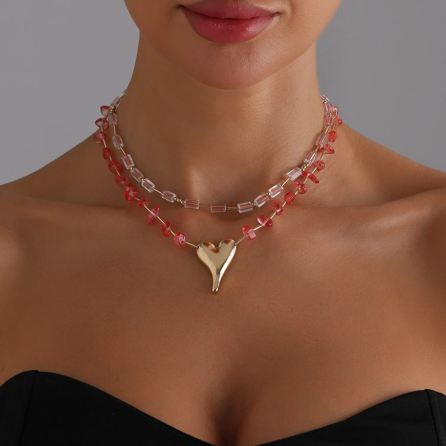 

Corlorful Irregular Crystal Beaded Chain Necklace for Women Double Layer Heart Pendant Choker Necklace Fashion Jewelry
