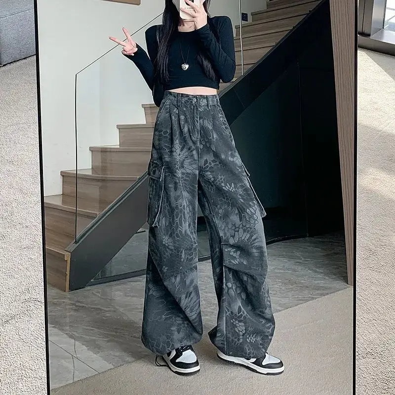 

Spring Autumn Camouflage Printed Trousers High Waist Women's Clothing Wide Leg Vintage Loose Multi-Pocket Casual Cargo Pants New
