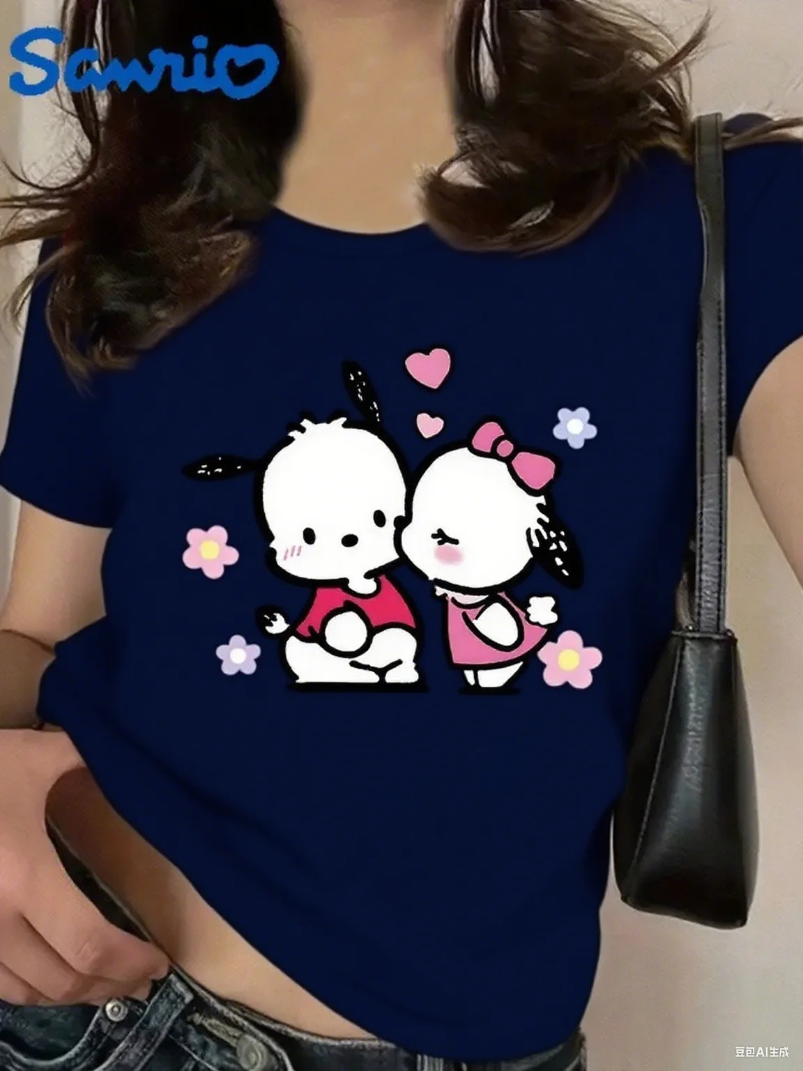 Pochacco Sanrio Cotton Tee الساحرة زوجين Pochacco التوضيح مع القلوب والزهور طباعة القطن الخالص الناعم للمناسبات غير الرسمية