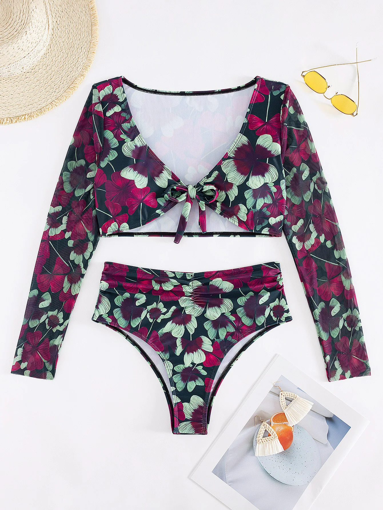 2025 Fashion Sheer Mesh Bikini Set Vintage Printed Long Sleeve Top & High Waist Bottom Summer Two Piece Swimsuit Beach Outfits