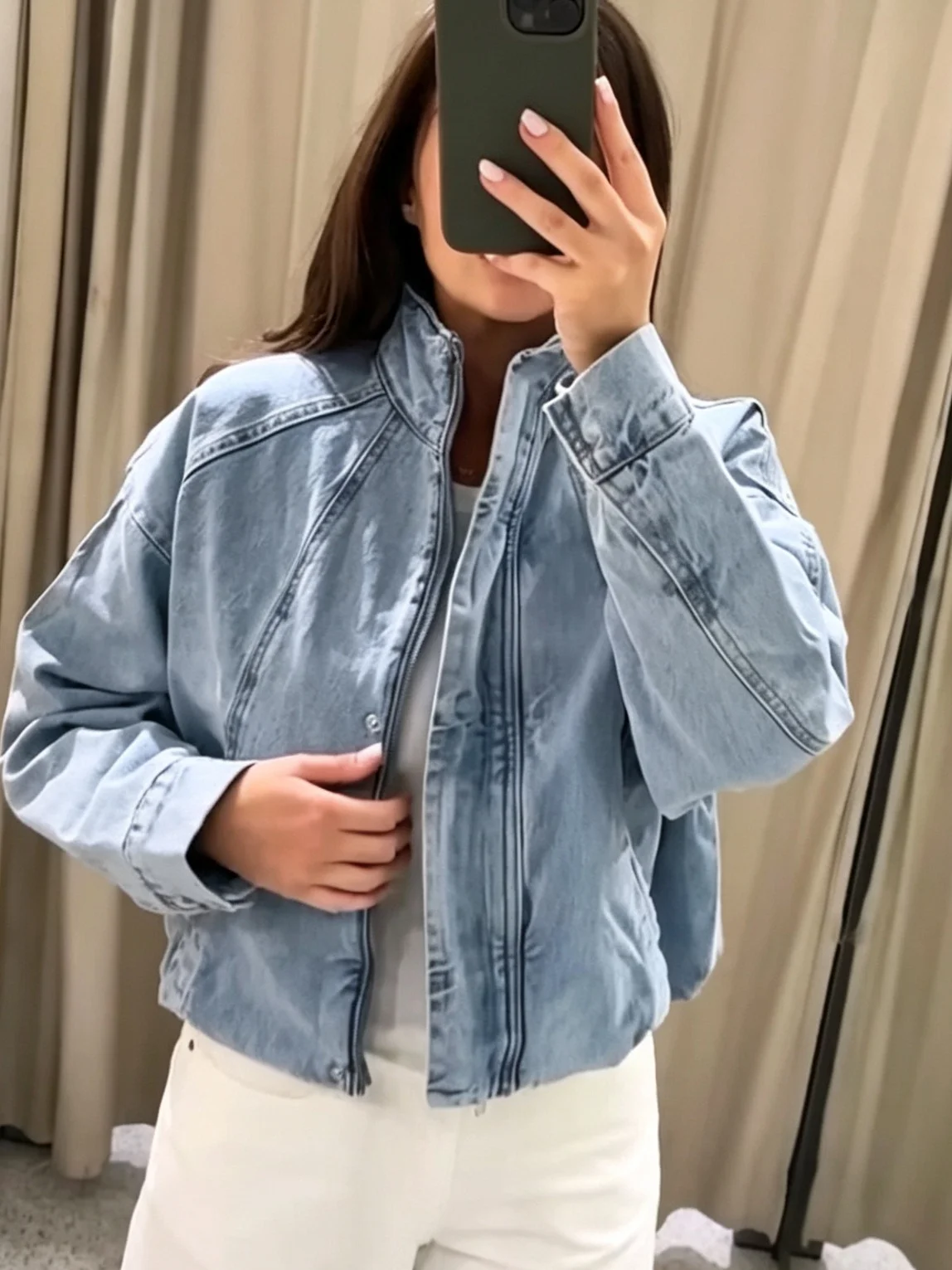 

WMXZ Spring Summer New Women's Casual Style Long Sleeve Stand Collar Denim Pilot Jacket Outerwear Zipper Closure Short Coat