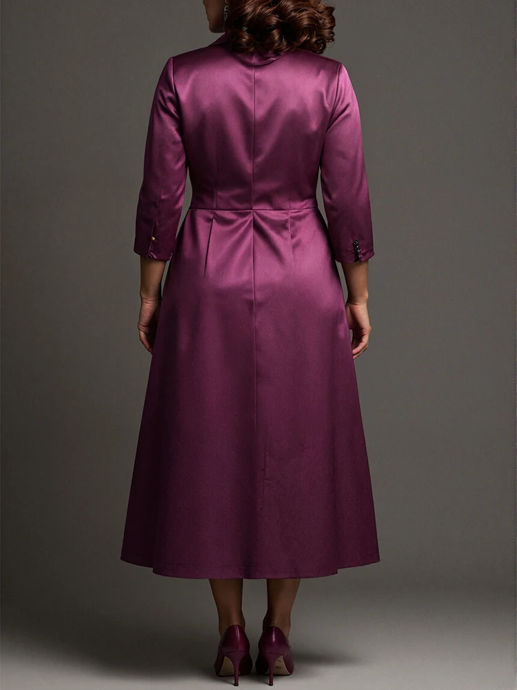 Women Plus Size Satin Midi-Length Jacket Two‑Piece Set Elegant Lapel Long Coat With Lace V‑Neck Midi Party Evening Dresses Sets view 3