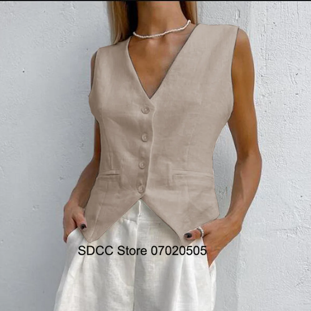 Women's Linen V Neck Sleeveless Single Breasted Vest Casual Elegant Youthful Woman Clothes Tops for Summer 2024 Clothing Top