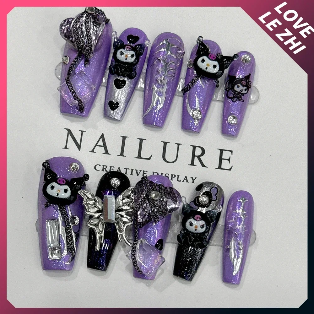 3D Long Coffin Sanriod Press On Fake Nails Bow Pearl Flowers Metal Love Mymelody Kuromi Handwork Full Cover Nail Tips Wholesale