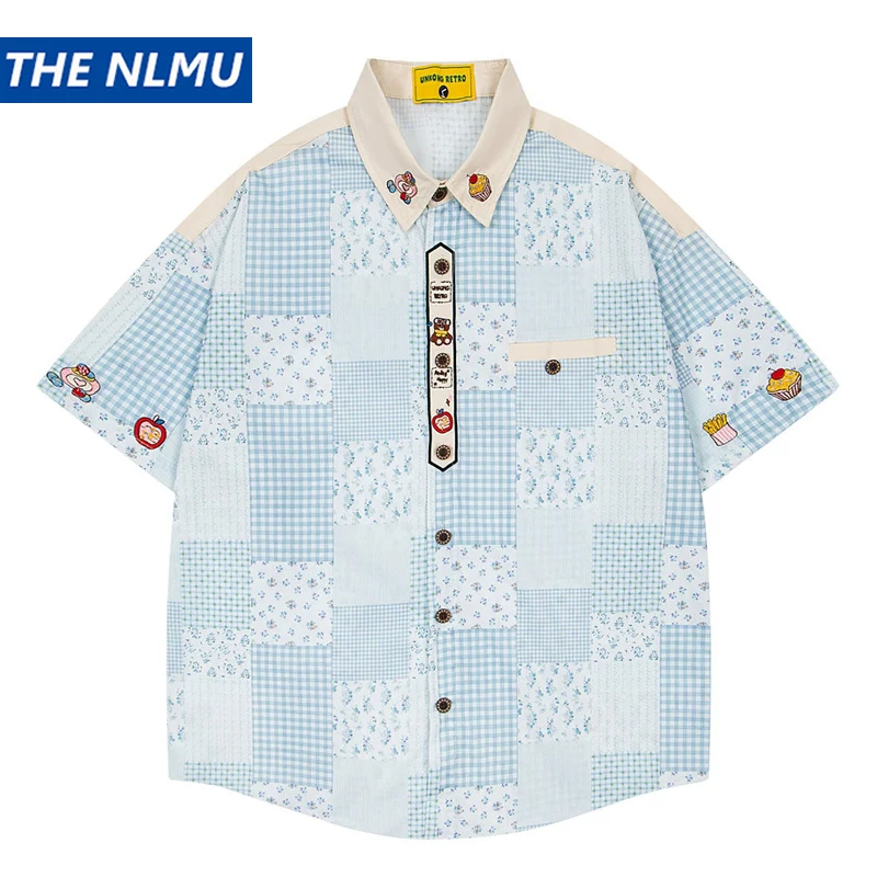 Men‘s Plaid Short Sleeve Shirt Cartoon Embroidery Loose Hip Hop Streetwear Casual Summer Top Shirts