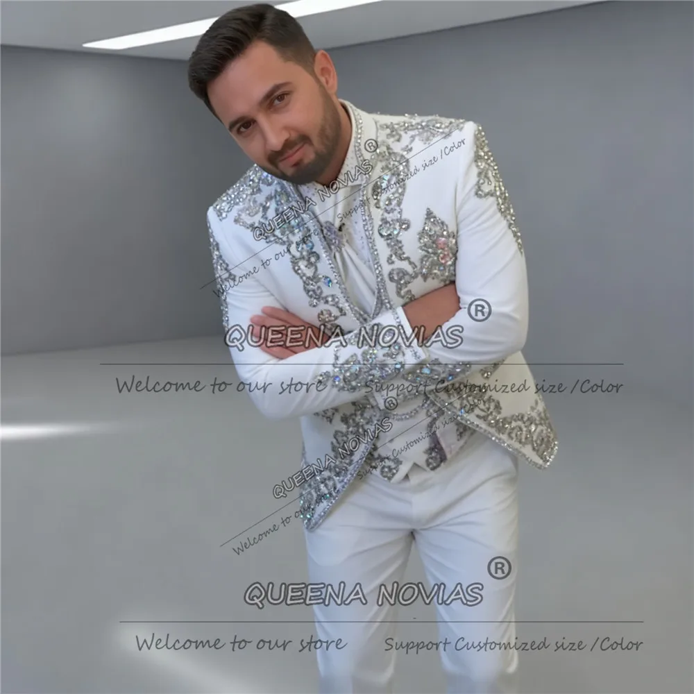 

Brilliant Crystals Beaded Suit Men For Wedding Customized Single Breasted Prom Blazers Groom Wedding Tuxedos 3Pcs Costume Homme