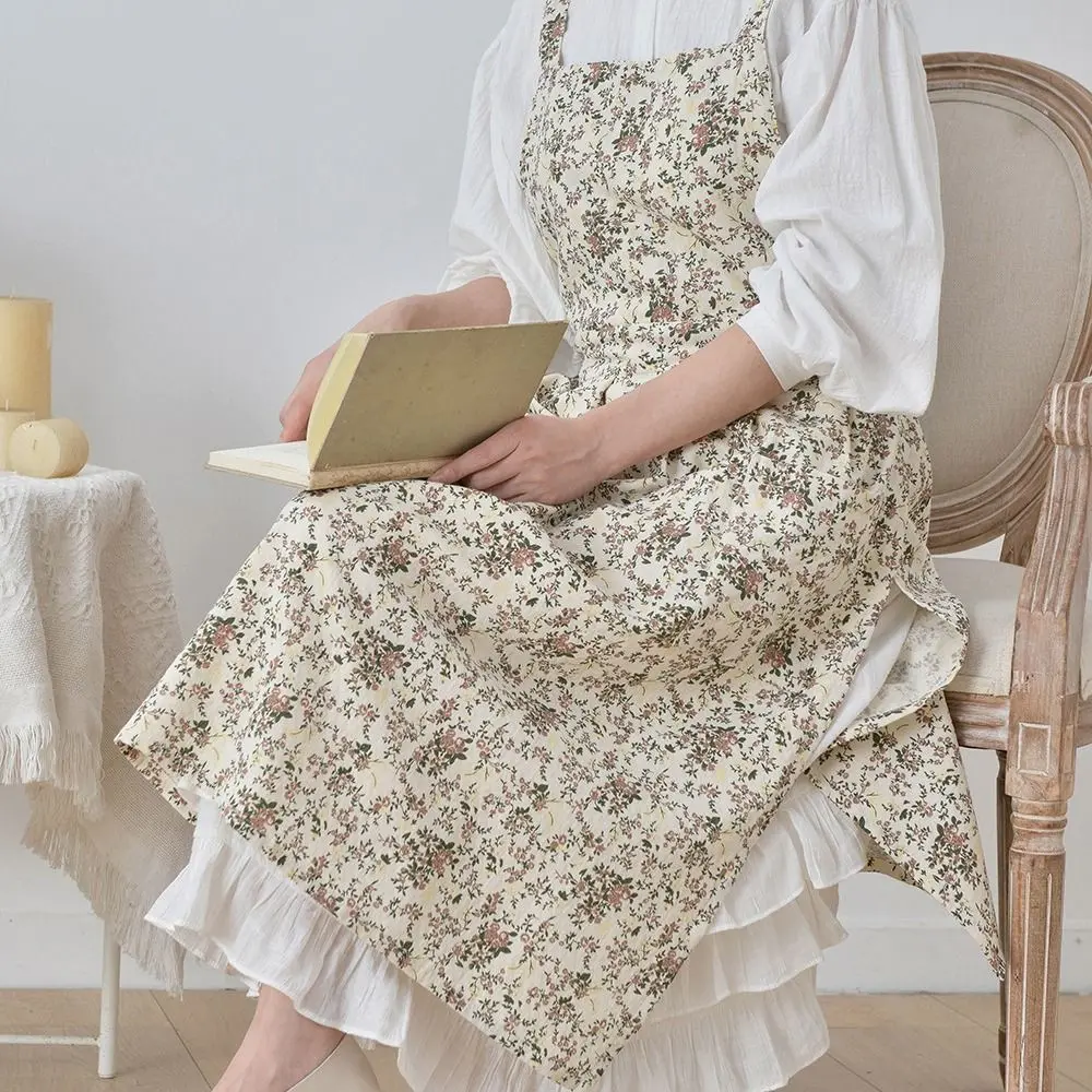 

Cotton Kitchen Cooking Apron Elegant Floral Printed Waiter Extended Aprons Breathable Soft Household Work Apron Kitchen