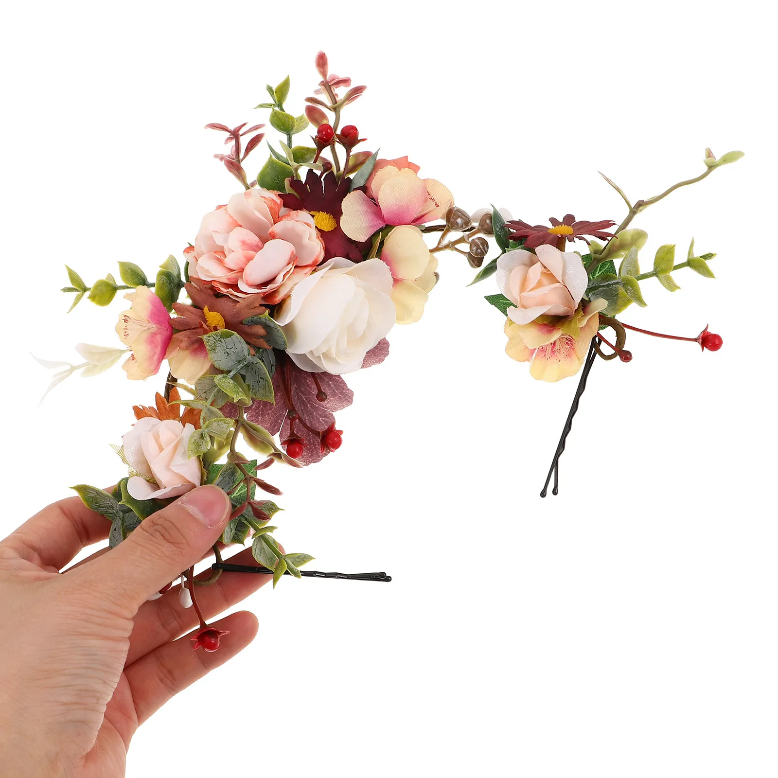1Set Simulated Flower Crown Headband with Matching Hair Clips Elegant Floral Headpiece for Brides Flower Girls Teens Holiday