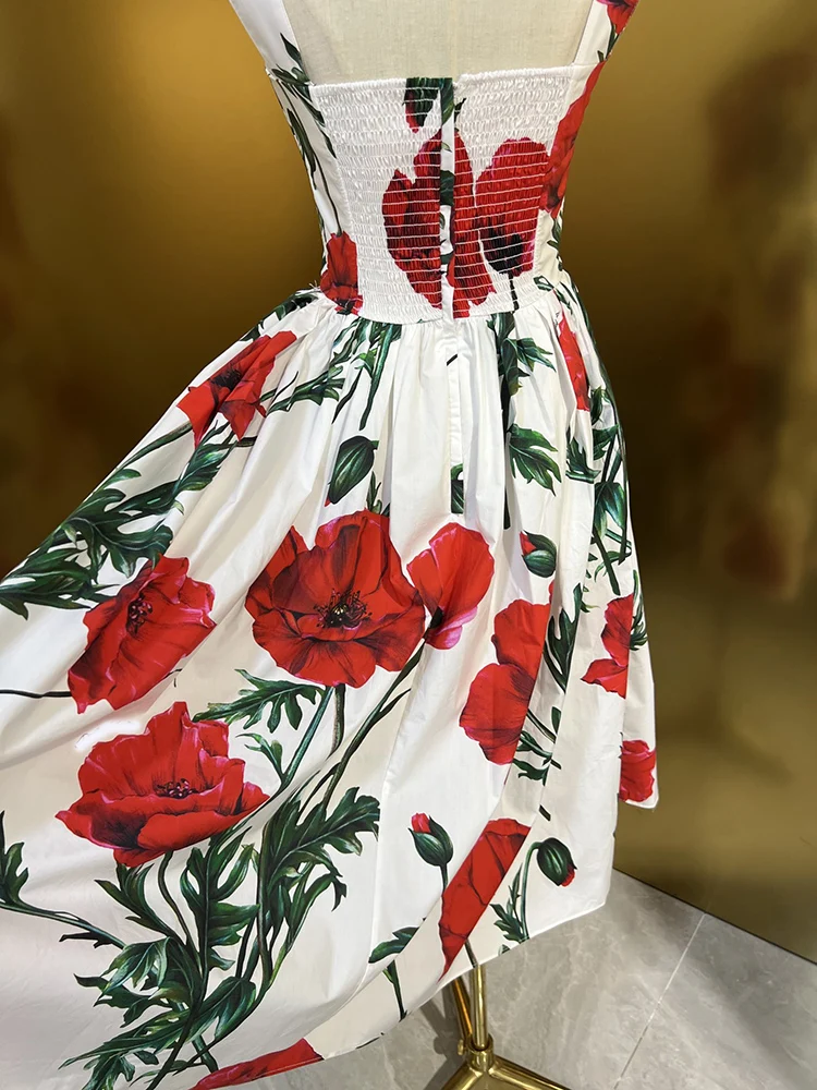 Imagem -05 - Vestido de Cinta de Espaguete Feminino Estampado Flores Vermelhas Expansão da Rua Alta Férias de Festa 100 Algodão Moda