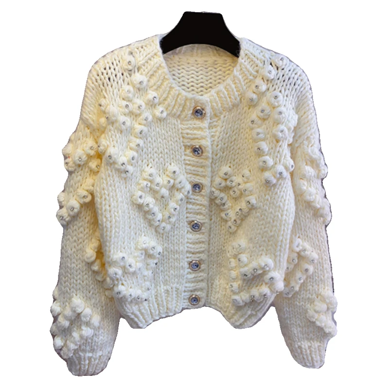 2023 Autumn and Winter Thick Needle Handmade Crochet Three-Dimensional Ball Beaded Sweater Coat Round Neck Knitted Cardigan