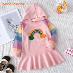 Bear Leader Sweet Hooded Kids Clothes Girls Party Dress Autumn New Princess Dress Rainbow Colorful Kids Girl Dresses