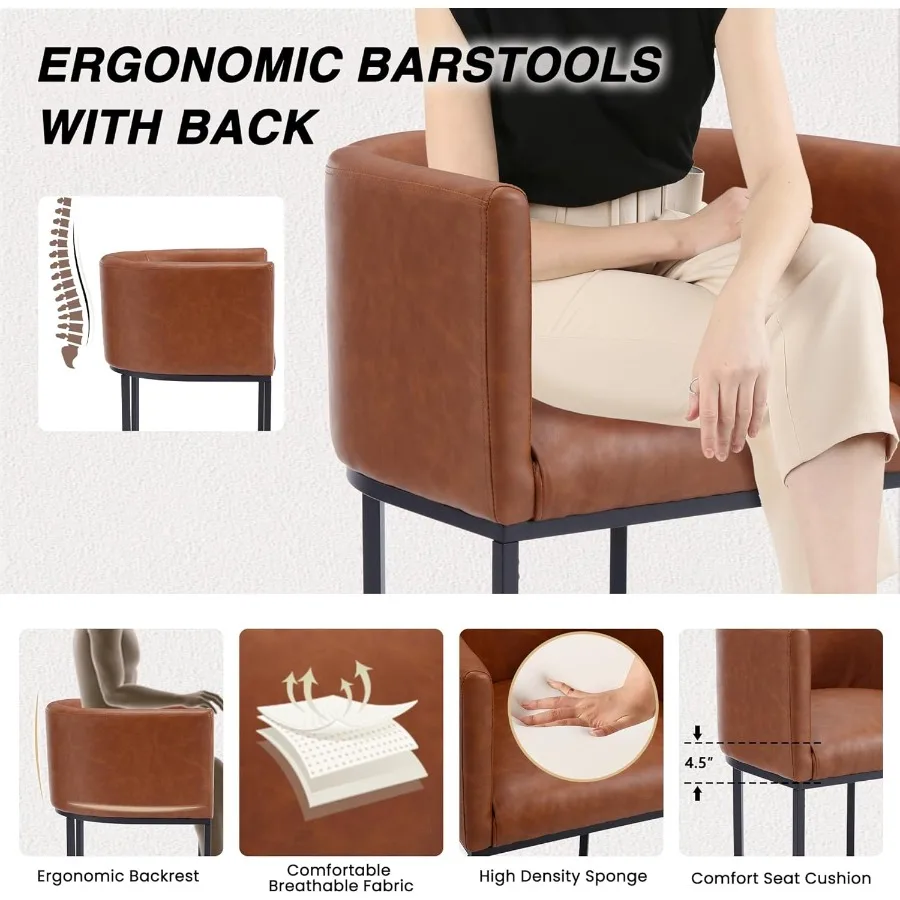 Modern Barrel Counter Height Bar Stool 24 Inch Kitchen Bar Stool with Back PU Leather Barstool Bar Height for Island with Black